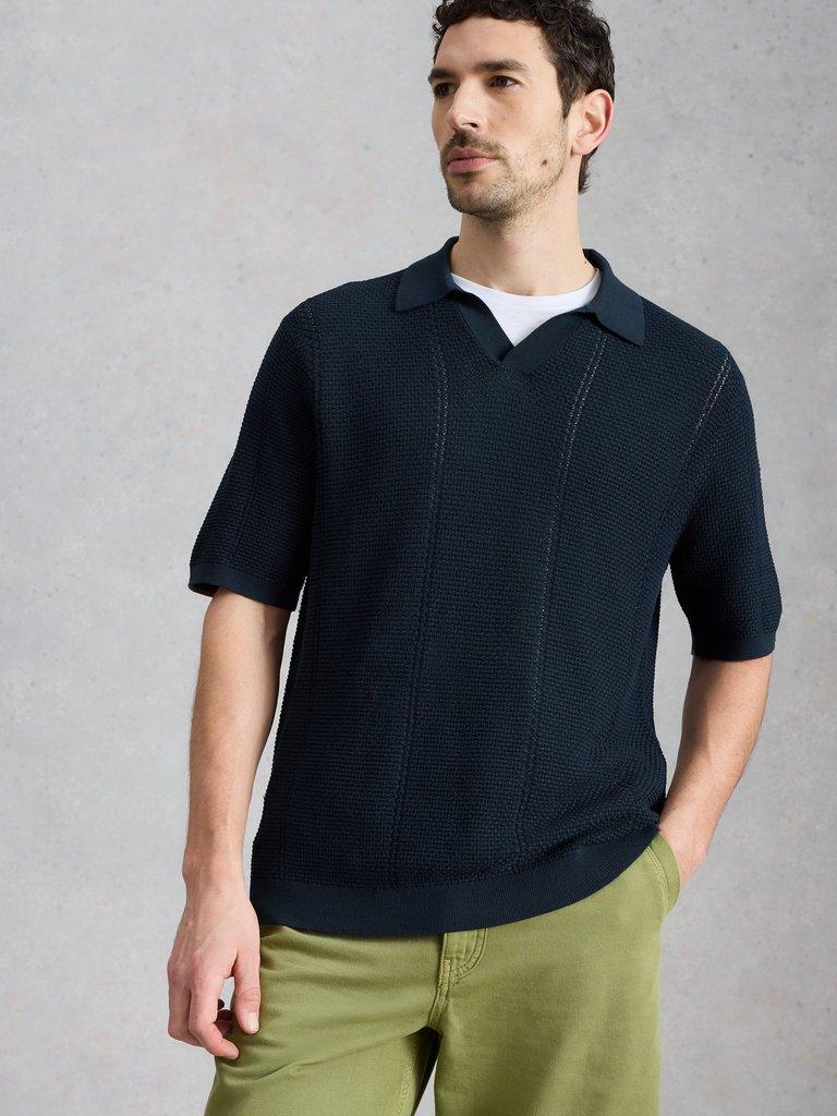 Thame Texture Knitted Polo in DARK NAVY - MODEL DETAIL