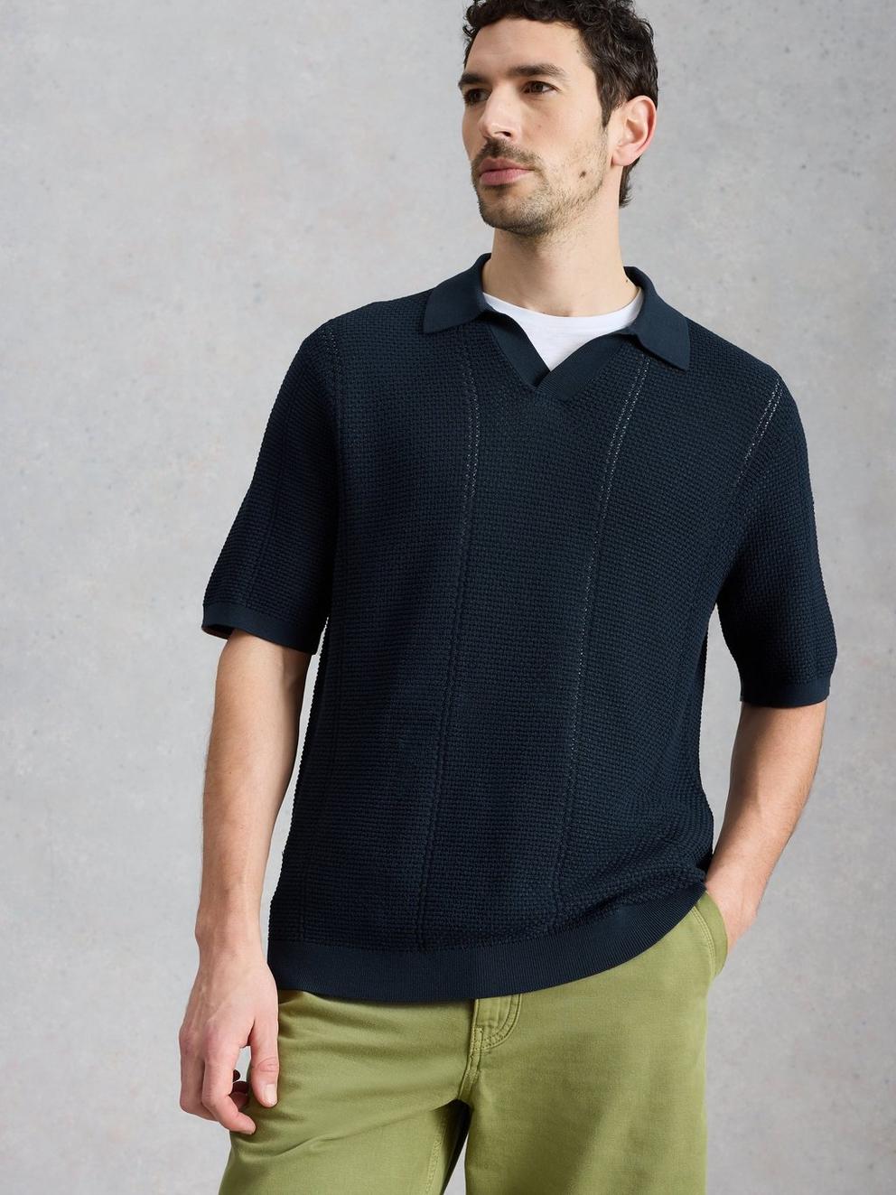 Thame Texture Knitted Polo in DARK NAVY - MODEL DETAIL