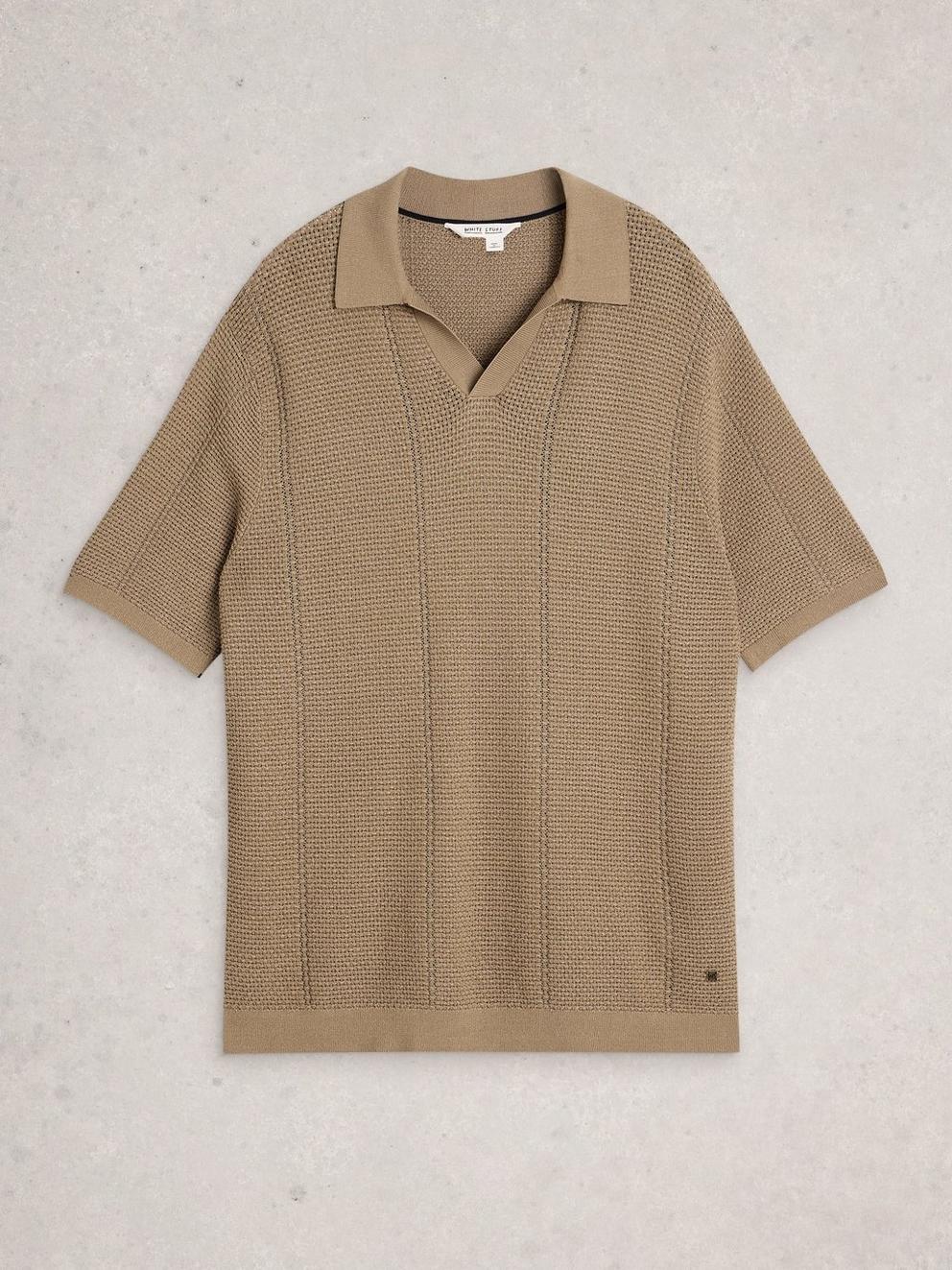 Thame Texture Knitted Polo in LGT NAT - FLAT FRONT
