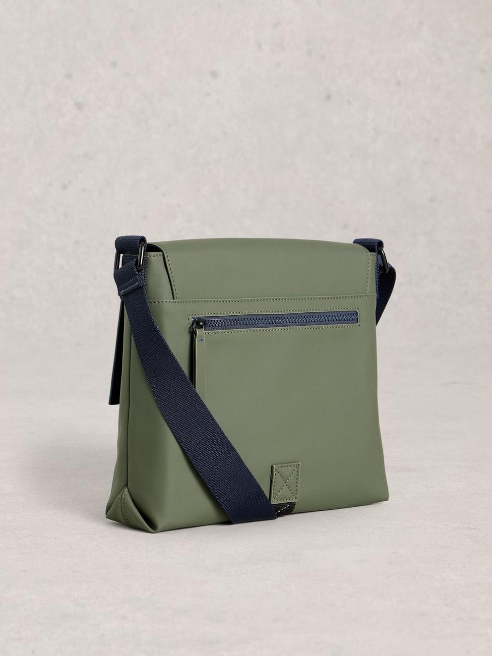 Alec Rubberised Crossbody Bag in KHAKI GRN - FLAT BACK