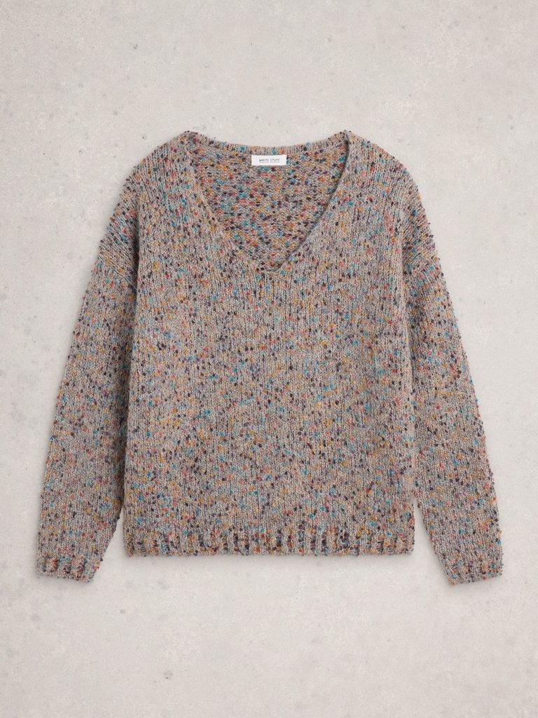 TEXTURED LONG SLEEVE V NECK JUMPER in LGT NAT - FLAT FRONT