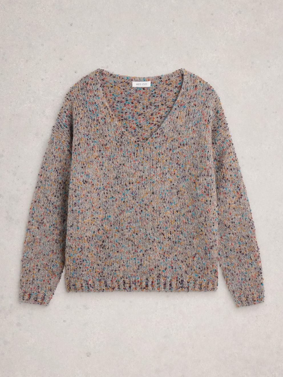 TEXTURED LONG SLEEVE V NECK JUMPER in LGT NAT - FLAT FRONT