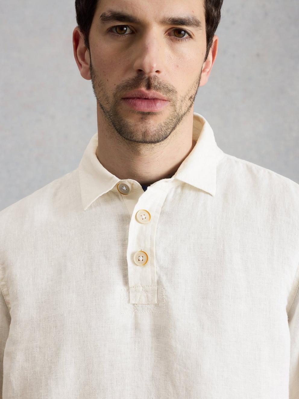 Carlton Linen Pop Over Shirt in BRIL WHITE - MODEL DETAIL
