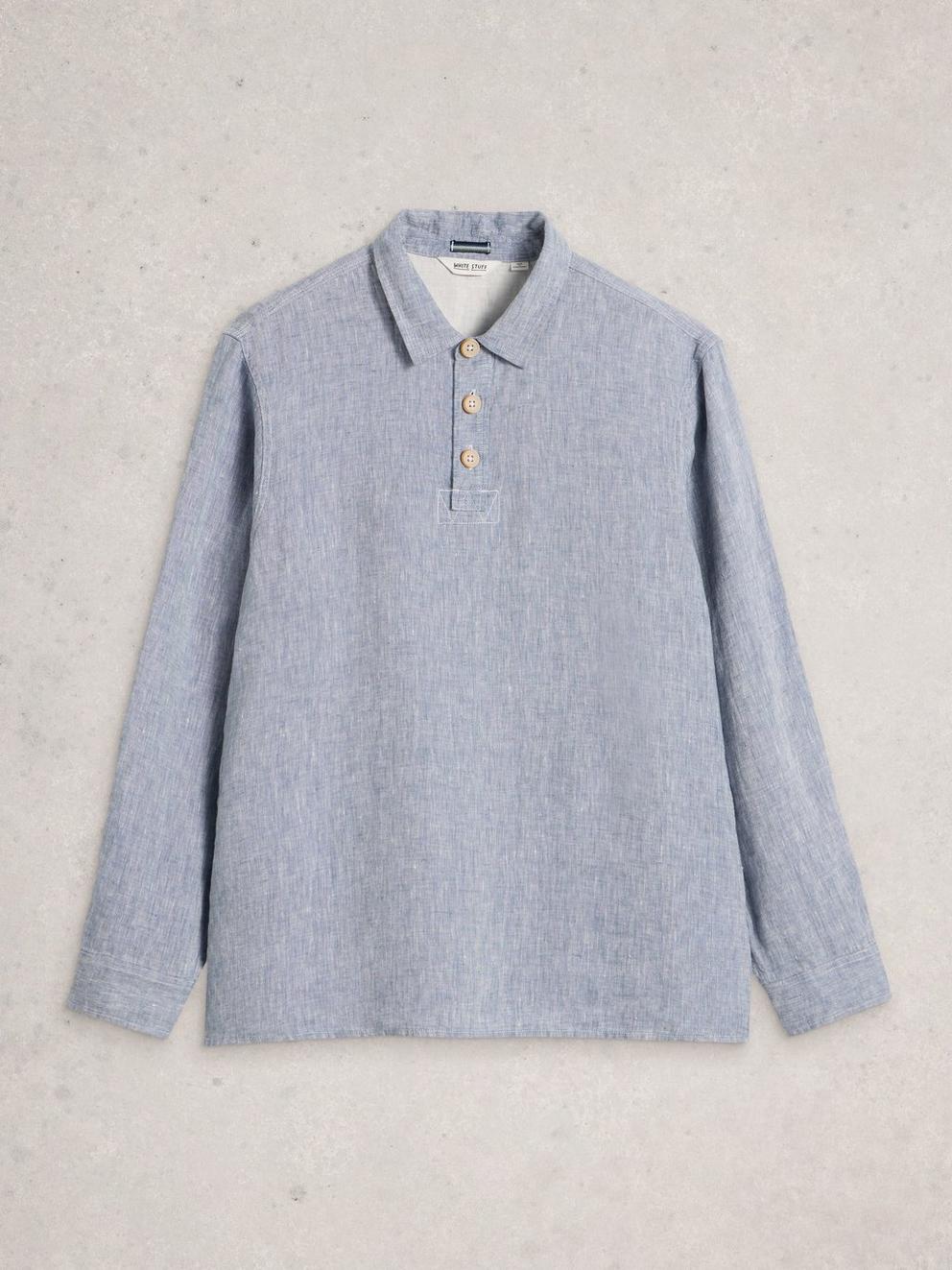 Carlton Linen Pop Over Shirt in CHAMB BLUE - FLAT FRONT