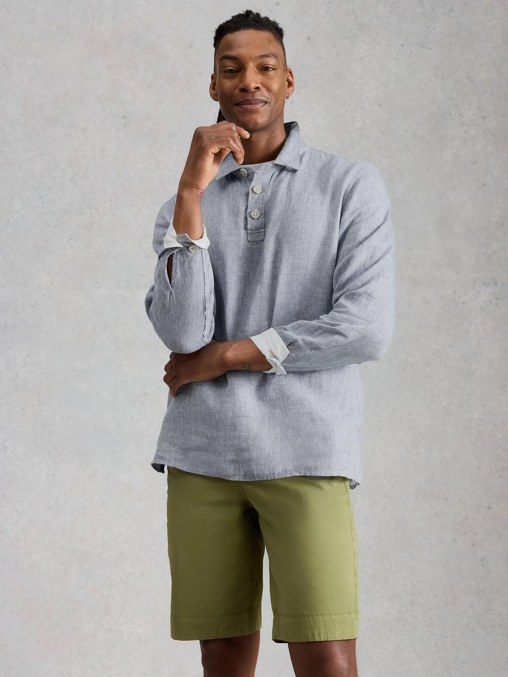 Carlton Linen Pop Over Shirt in CHAMB BLUE - LIFESTYLE