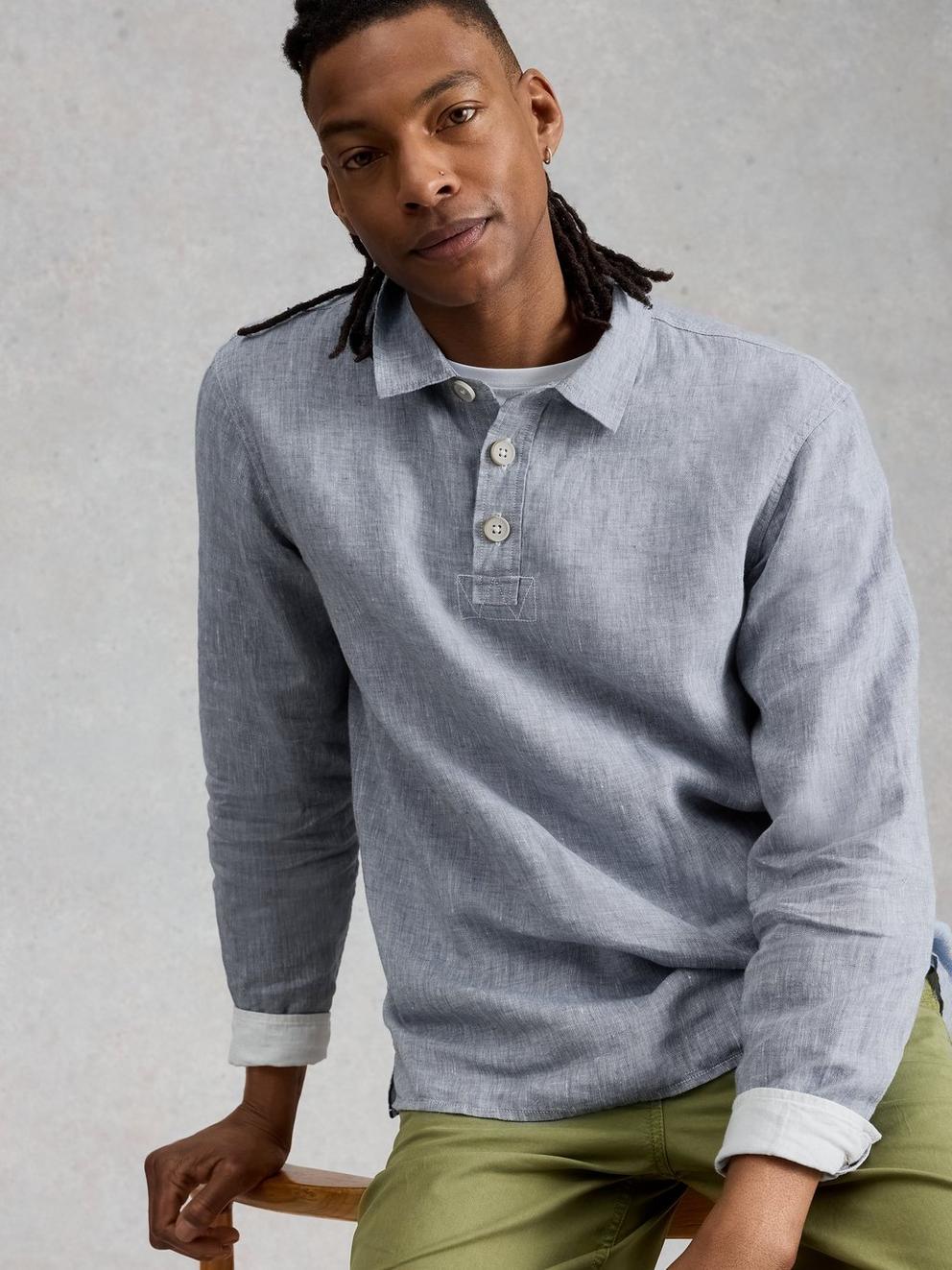 Carlton Linen Pop Over Shirt in CHAMB BLUE - MODEL DETAIL