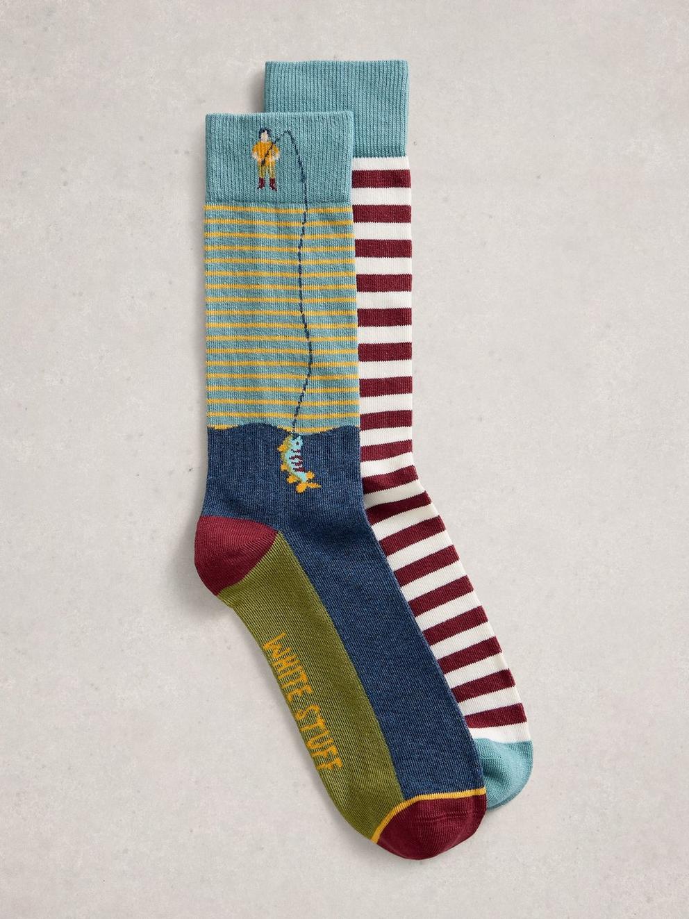 2 Pack Fisherman Ankle Socks in BLUE MLT - FLAT FRONT