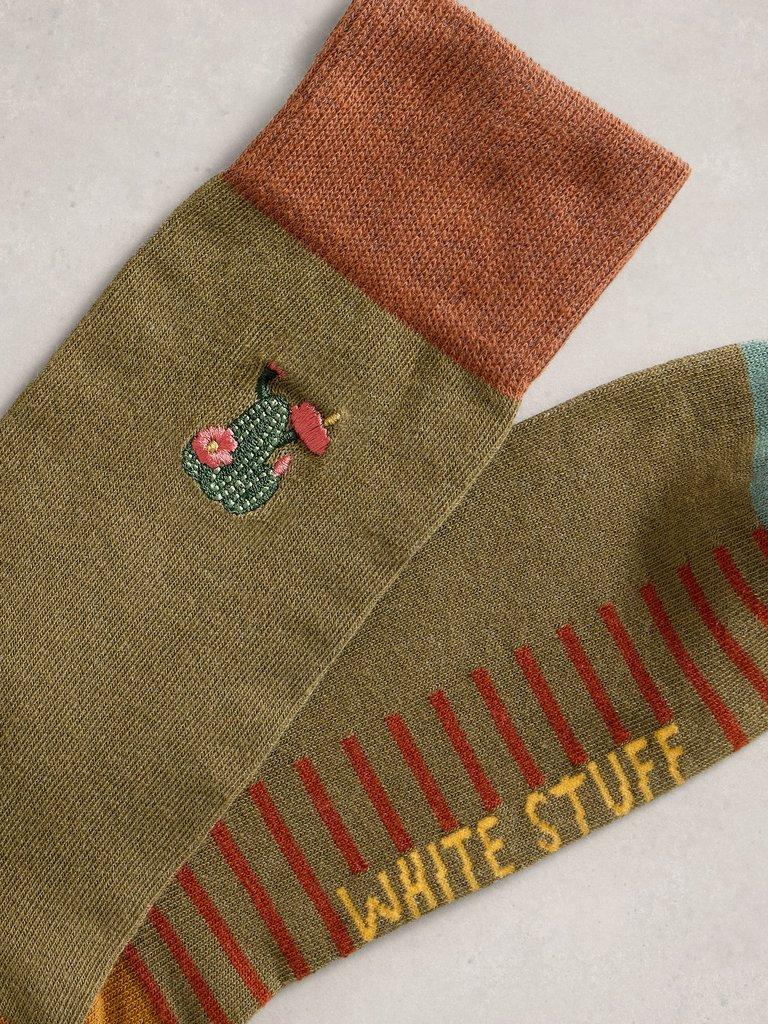 Cactus Embroidery Ankle Sock in KHAKI GRN - FLAT DETAIL