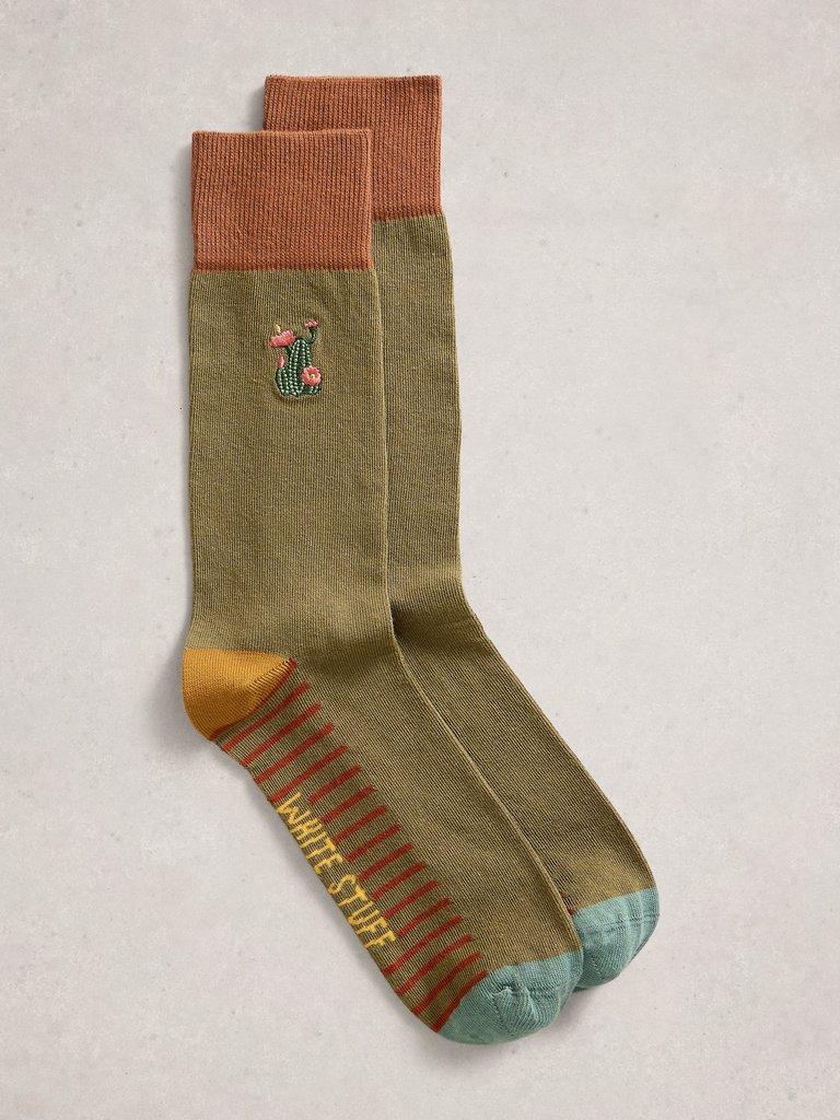 Cactus Embroidery Ankle Sock in KHAKI GRN - FLAT FRONT