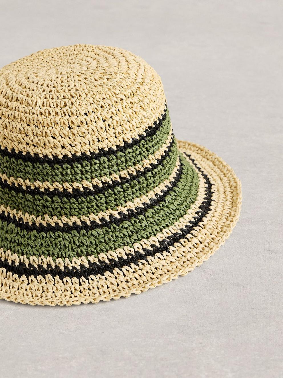 Crochet Stripe Bucket Hat in KHAKI GRN - FLAT DETAIL
