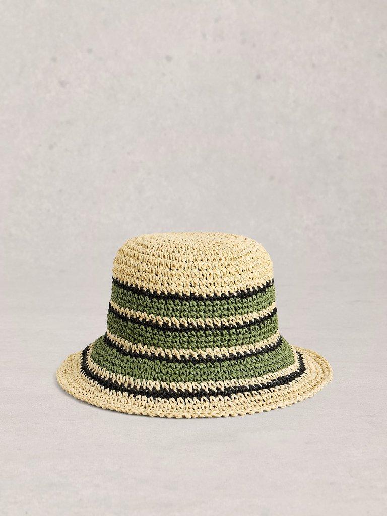 Crochet Stripe Bucket Hat in KHAKI GRN - FLAT FRONT