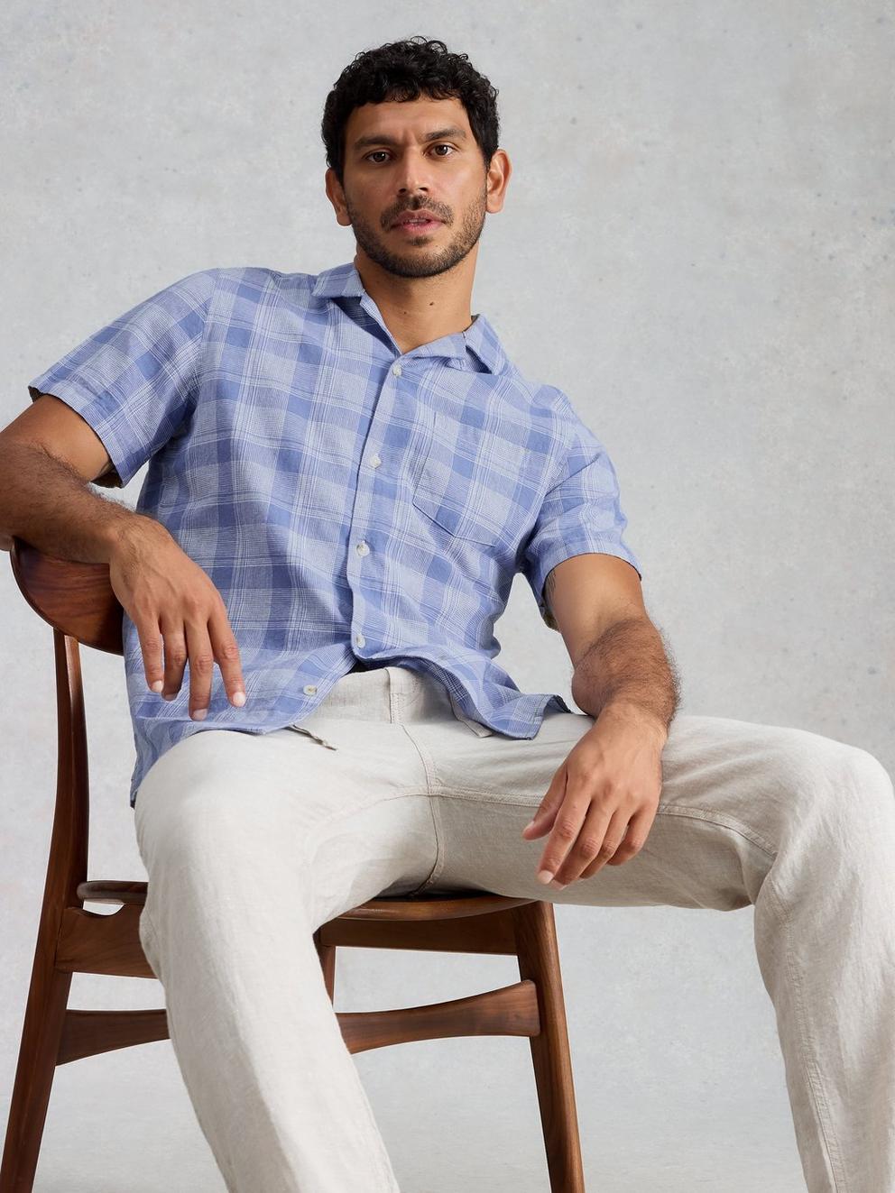 Hayle Linen Cotton Check Shirt in BLUE MLT - LIFESTYLE