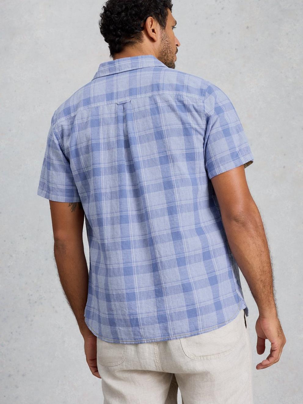 Hayle Linen Cotton Check Shirt in BLUE MLT - MODEL BACK
