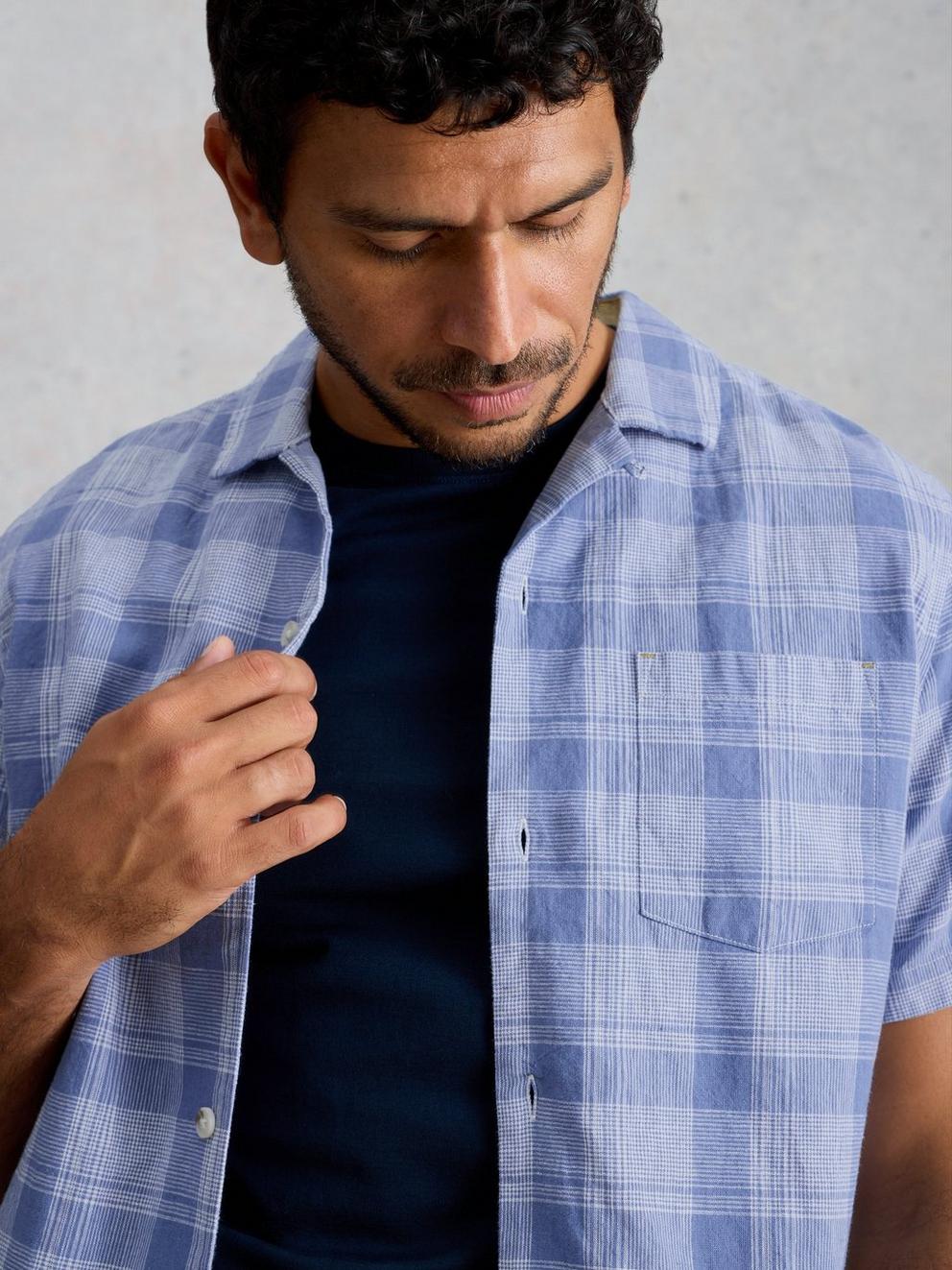 Hayle Linen Cotton Check Shirt in BLUE MLT - MODEL DETAIL