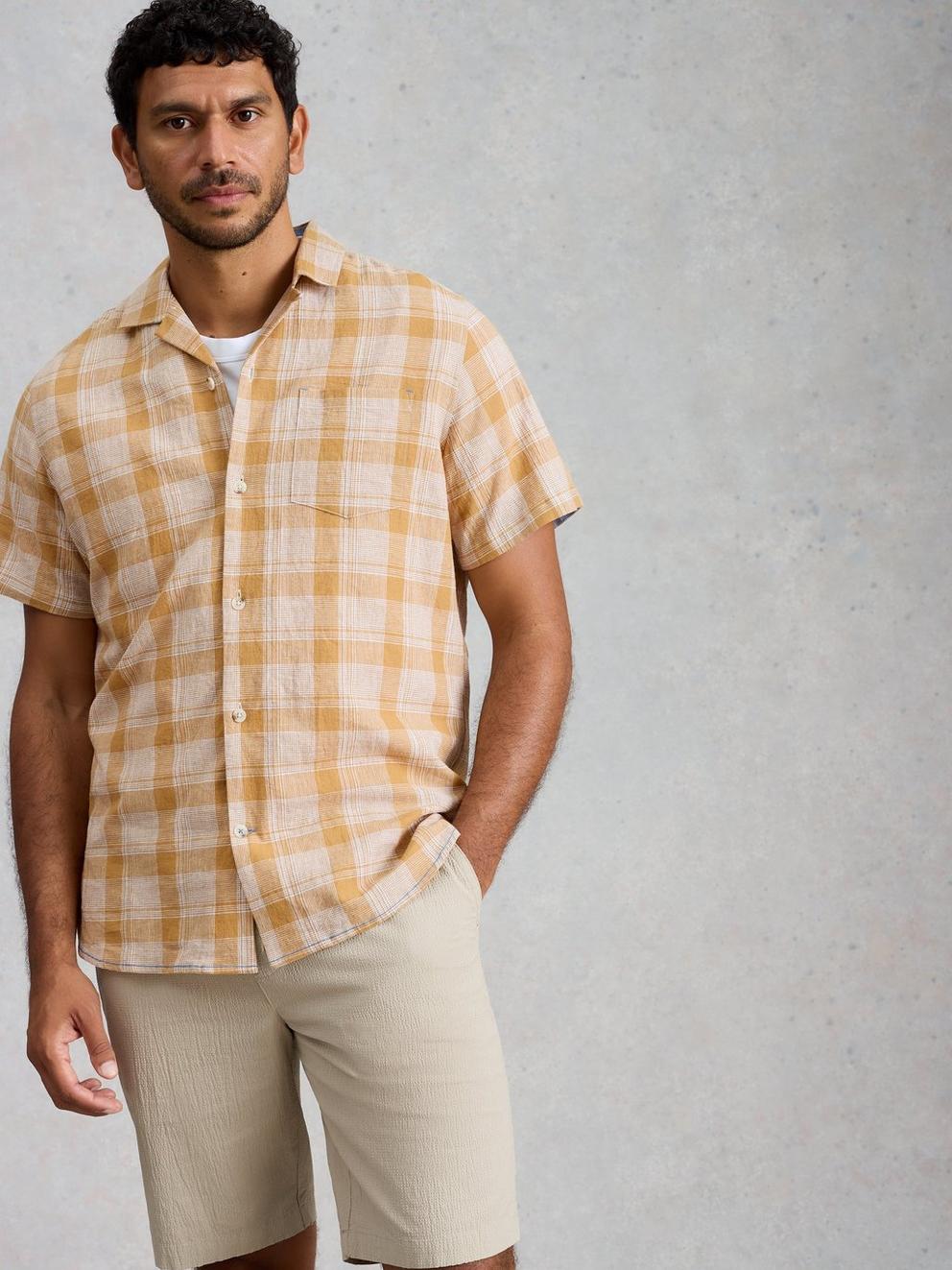 Hayle Linen Cotton Check Shirt in YELLOW MLT - MODEL DETAIL