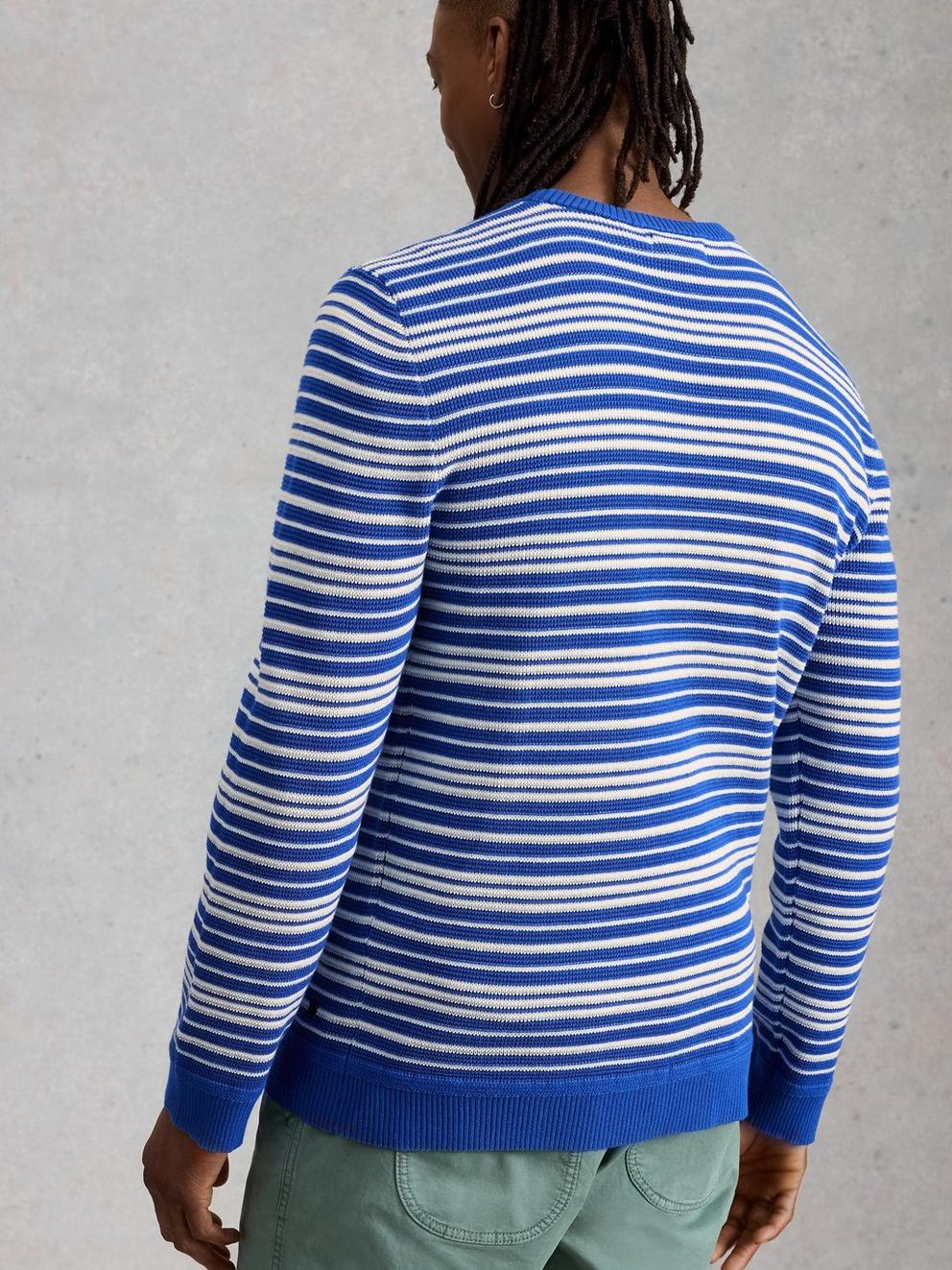 Attadale Crew Neck Thin Stripe in BLUE MLT - MODEL BACK
