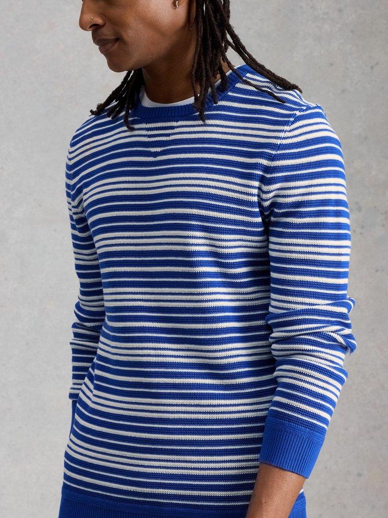 Attadale Crew Neck Thin Stripe in BLUE MLT - MODEL DETAIL