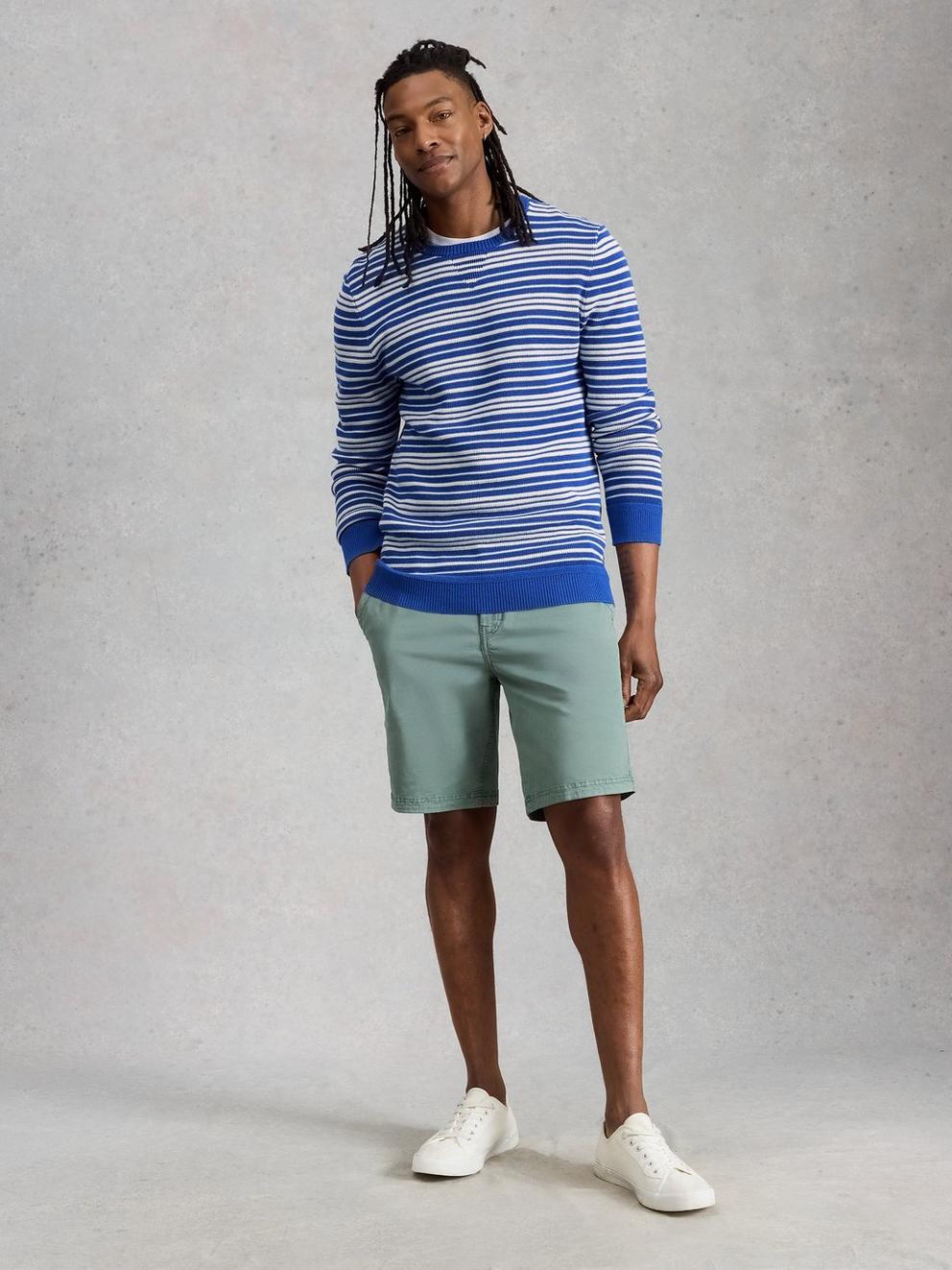 Attadale Crew Neck Thin Stripe in BLUE MLT - MODEL FRONT