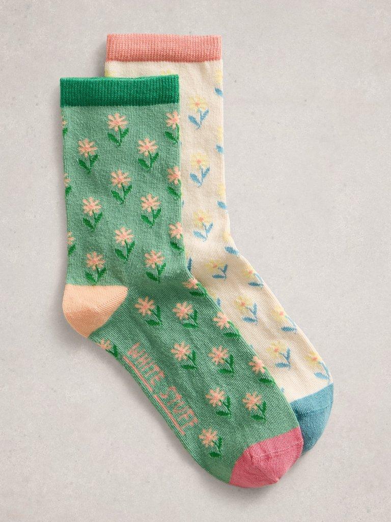 2 Pack Flower Ankle Socks in NAT MLT - FLAT FRONT