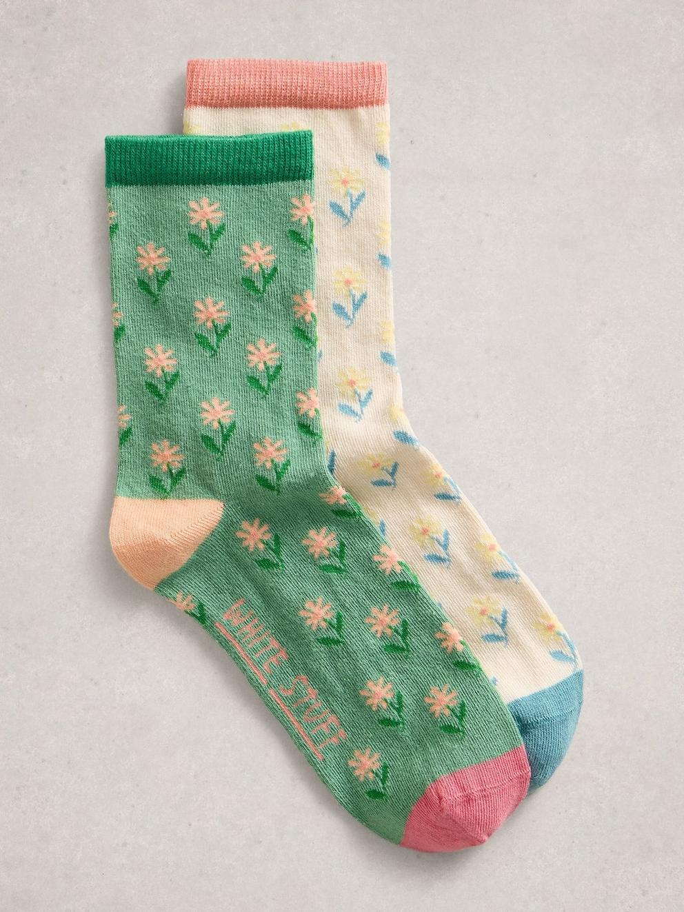 2 Pack Flower Ankle Socks in NAT MLT - FLAT FRONT