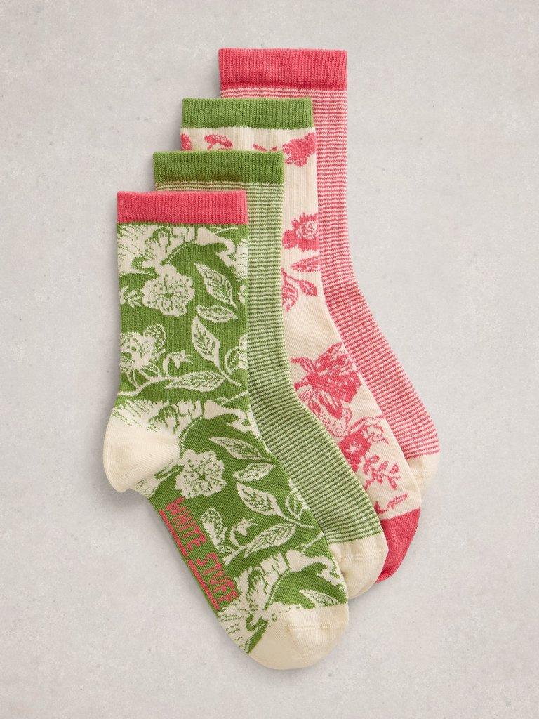4PK Floral Print Stripe Sock in PINK MLT - FLAT FRONT