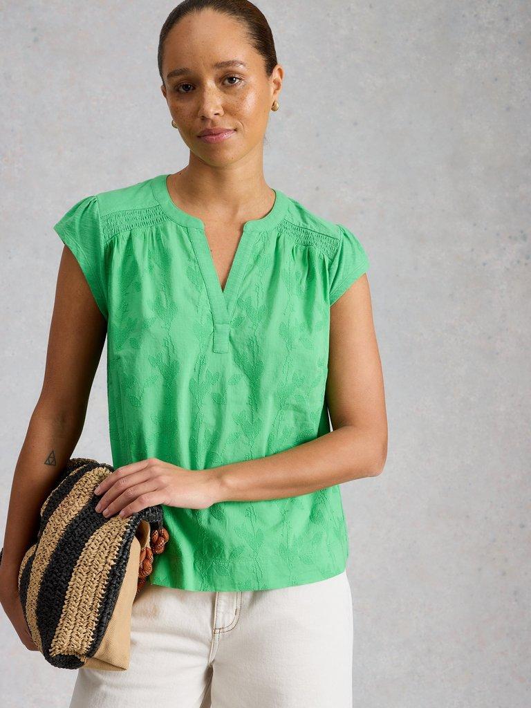 AMELIA EMBROIDERY TOP in BRT GREEN - MODEL DETAIL