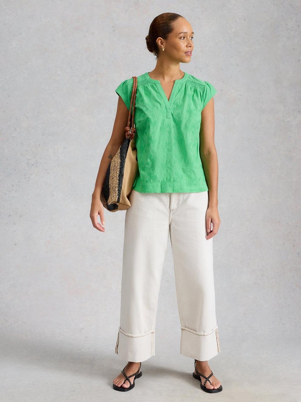 AMELIA EMBROIDERY TOP in BRT GREEN - MODEL FRONT