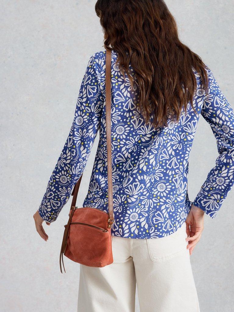 ANNIE JERSEY COLLARED PRINTED SHIRT in BLUE MLT - MODEL BACK