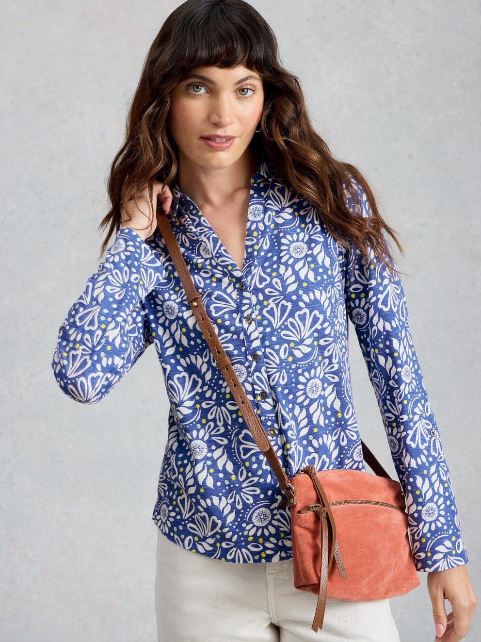 ANNIE JERSEY COLLARED PRINTED SHIRT in BLUE MLT - MODEL DETAIL