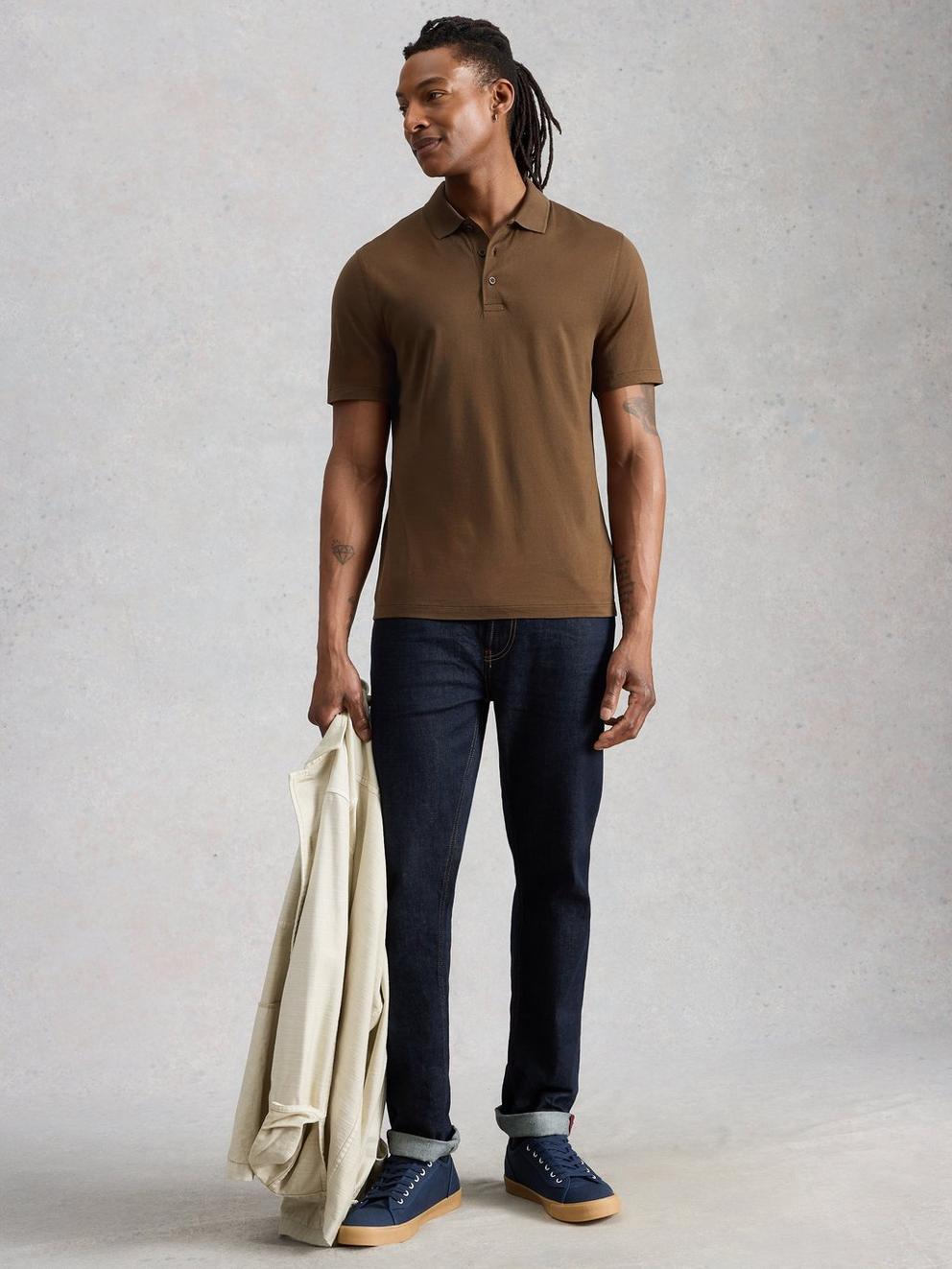 Skipton Smart Polo in DK BROWN - MODEL FRONT