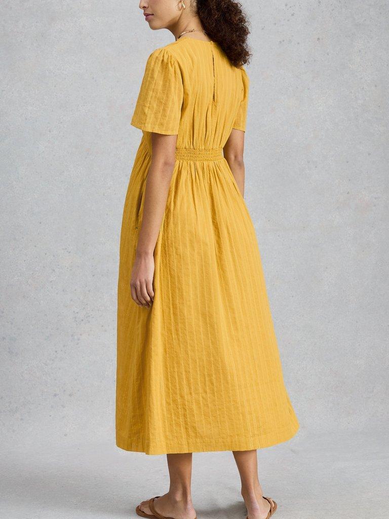 Lucy Metallic Midi Dress in MID YELLOW - MODEL BACK