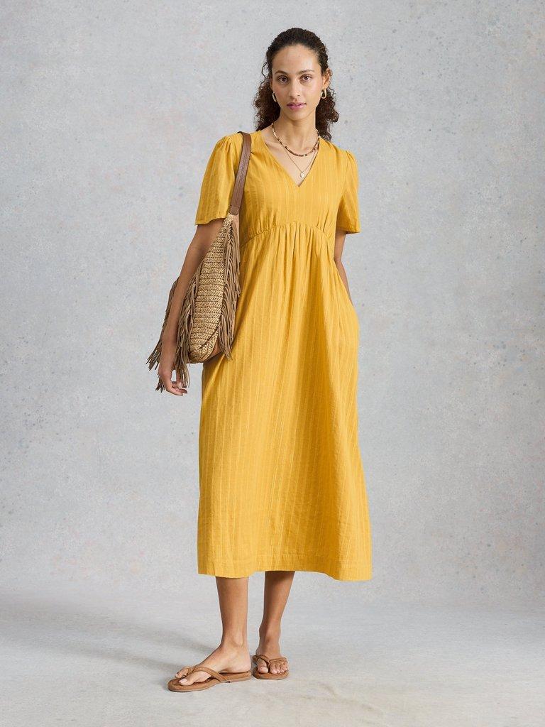 Lucy Metallic Midi Dress in MID YELLOW - MODEL FRONT