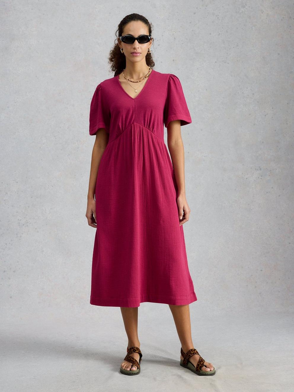 Lucy Double Cloth Midi Dress in MID PINK - MODEL FRONT