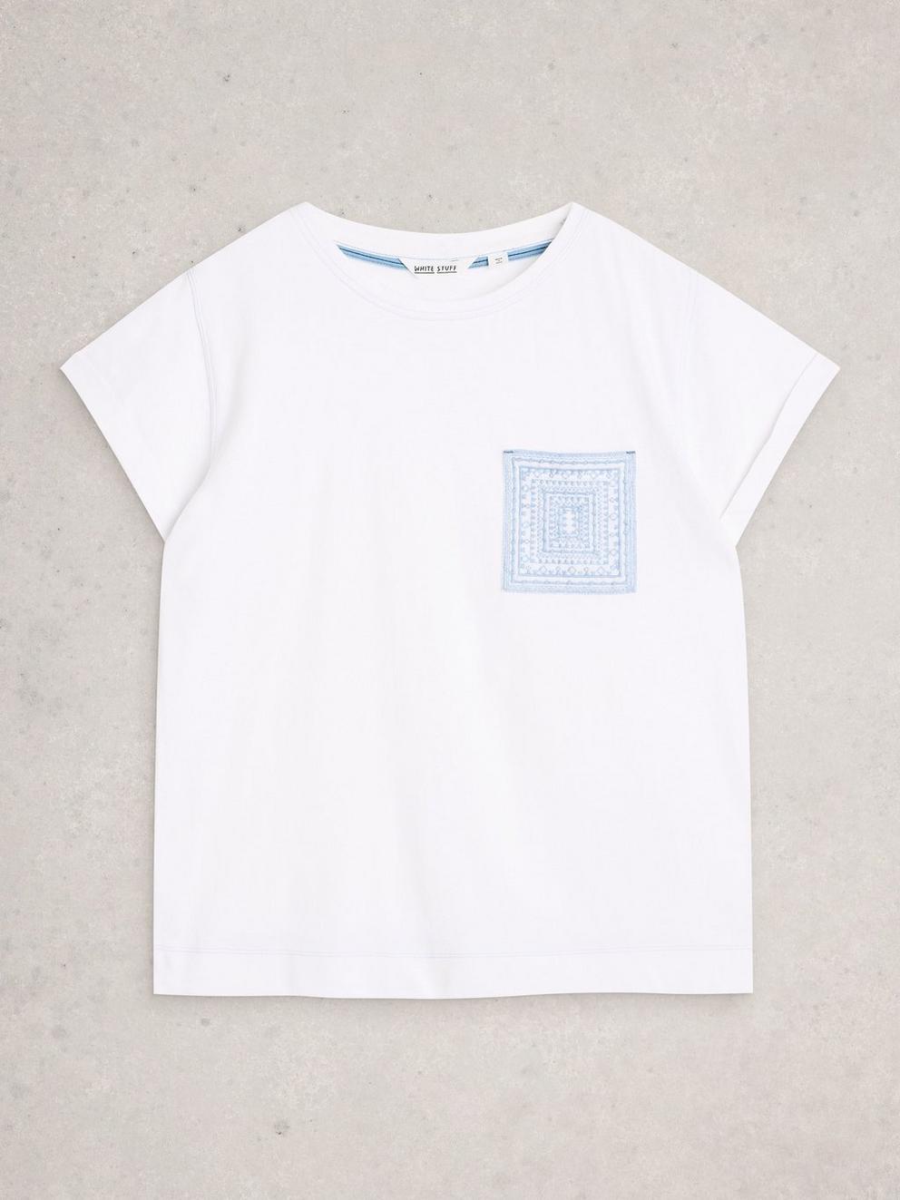 GINA EMBROIDERED POCKET TEE in WHITE MLT - FLAT FRONT