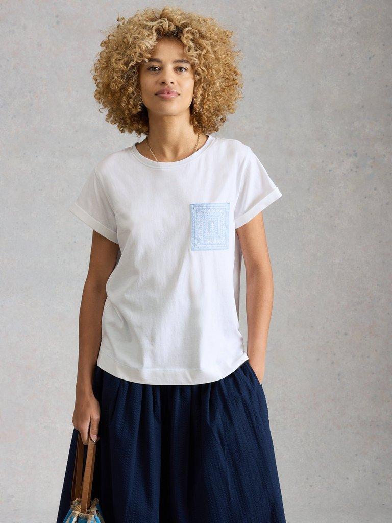 GINA EMBROIDERED POCKET TEE in WHITE MLT - LIFESTYLE