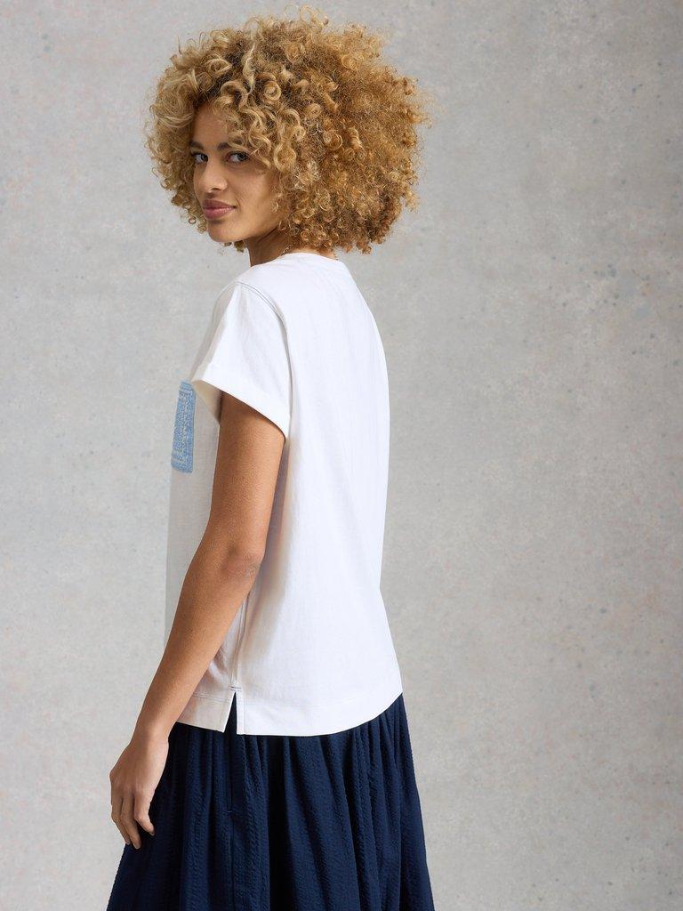 GINA EMBROIDERED POCKET TEE in WHITE MLT - MODEL BACK