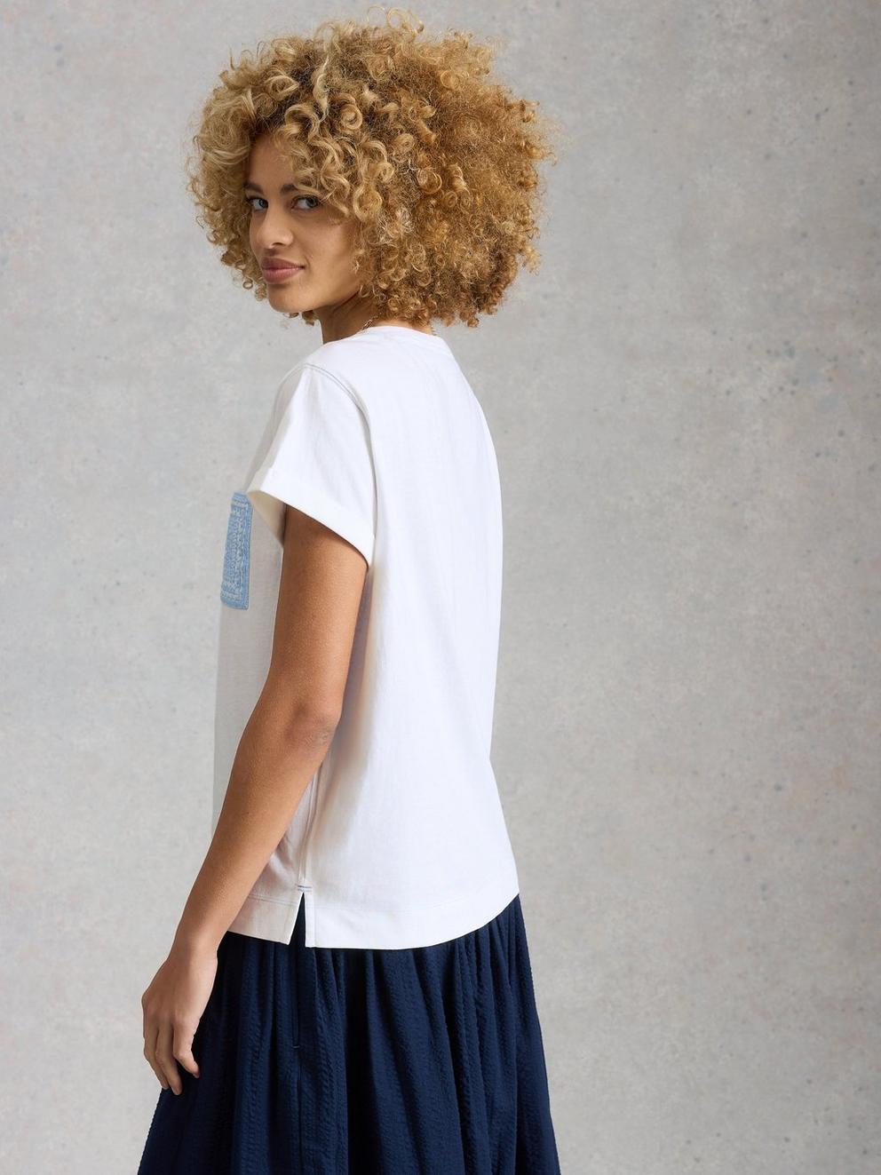 GINA EMBROIDERED POCKET TEE in WHITE MLT - MODEL BACK