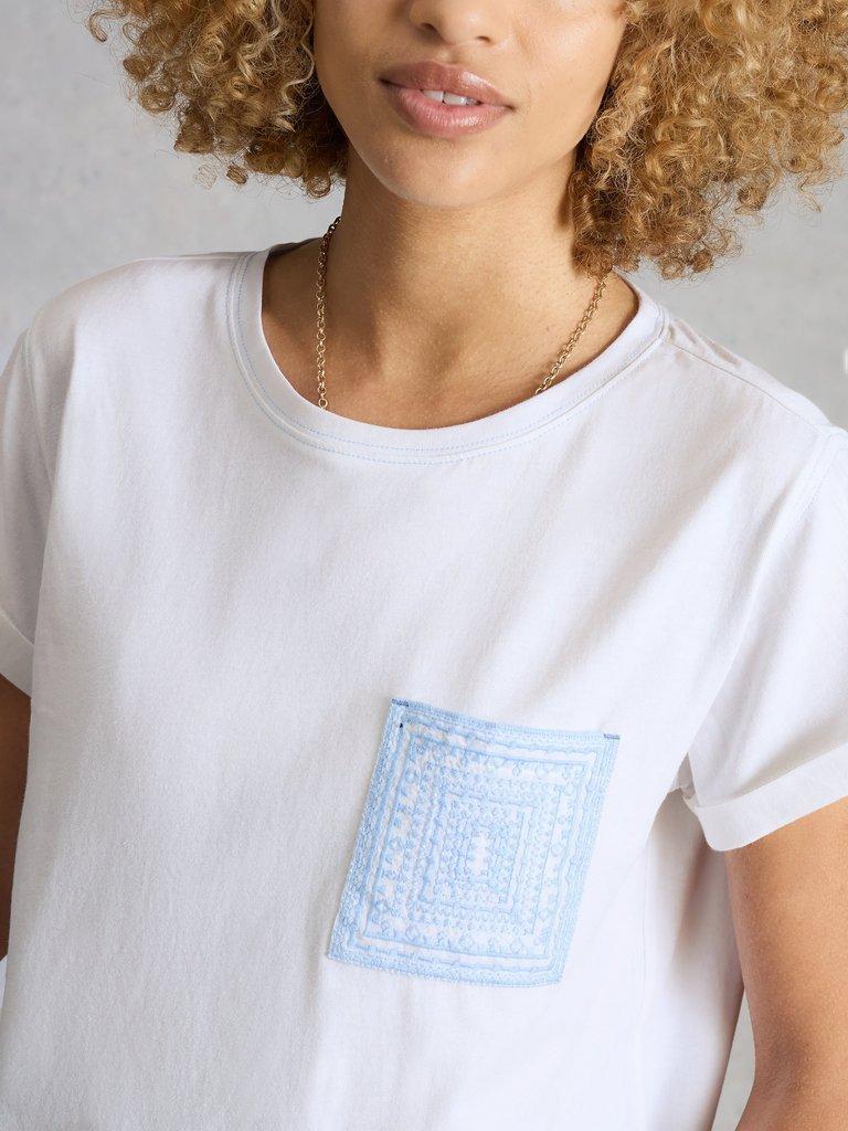 GINA EMBROIDERED POCKET TEE in WHITE MLT - MODEL DETAIL