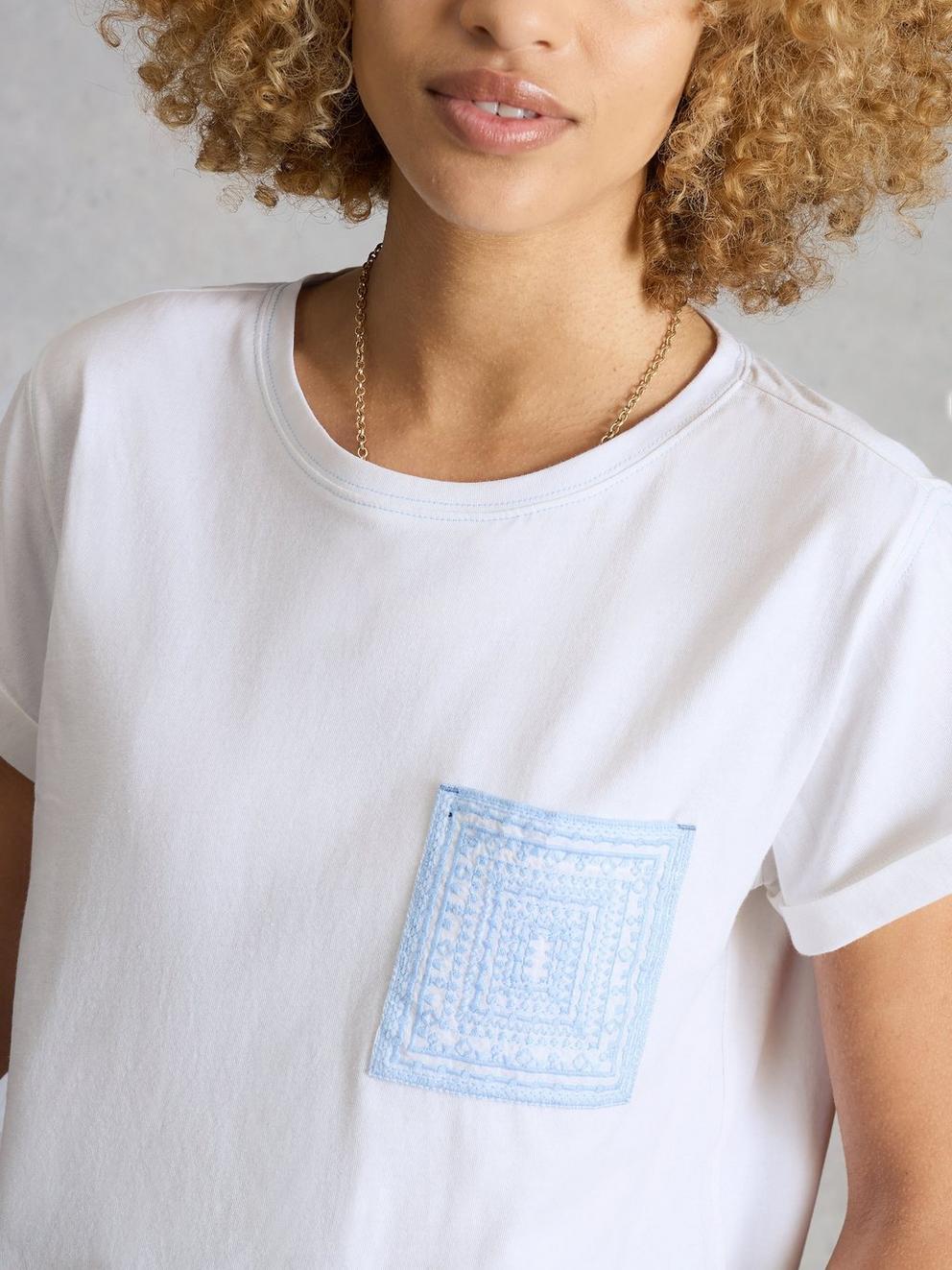 GINA EMBROIDERED POCKET TEE in WHITE MLT - MODEL DETAIL