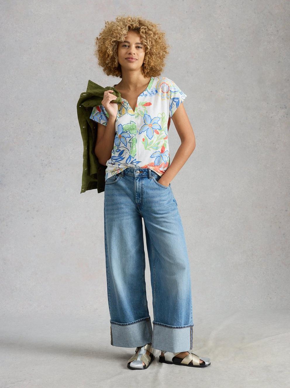 NELLY PRINT NOTCH NECK TEE in IVORY MLT - MODEL FRONT