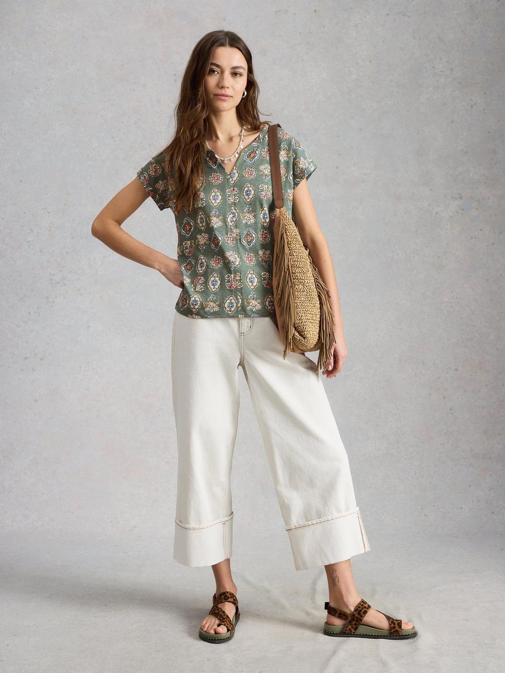 NELLY PRINT NOTCH NECK TEE in KHAKI GRN - MODEL FRONT