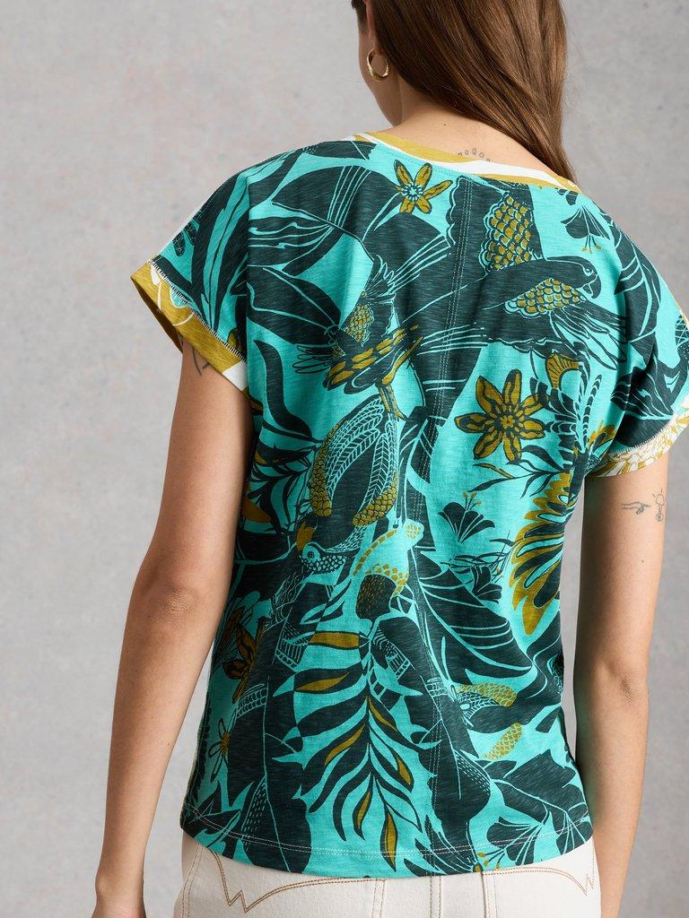 NELLY PRINT NOTCH NECK TEE in TEAL MLT - MODEL BACK