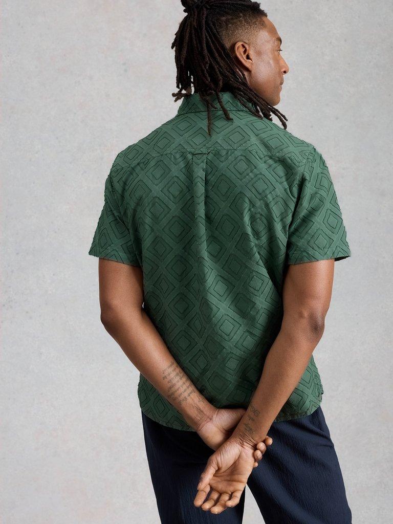 Gosport SS Geo Shirt in DUS GREEN - MODEL BACK