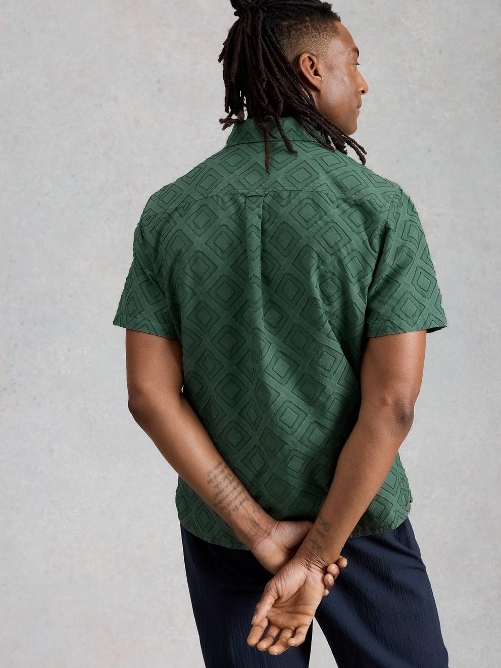 Gosport SS Geo Shirt in DUS GREEN - MODEL BACK