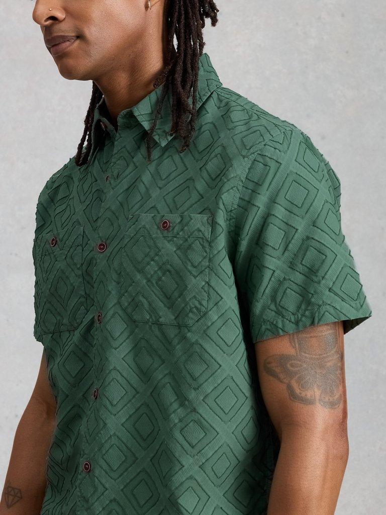 Gosport SS Geo Shirt in DUS GREEN - MODEL DETAIL