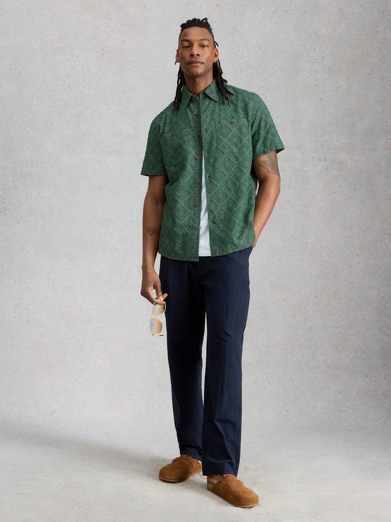 Gosport SS Geo Shirt in DUS GREEN - MODEL FRONT