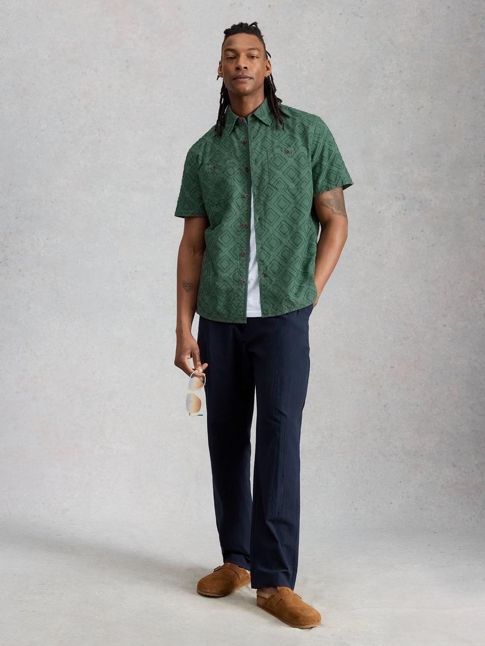 Gosport SS Geo Shirt in DUS GREEN - MODEL FRONT