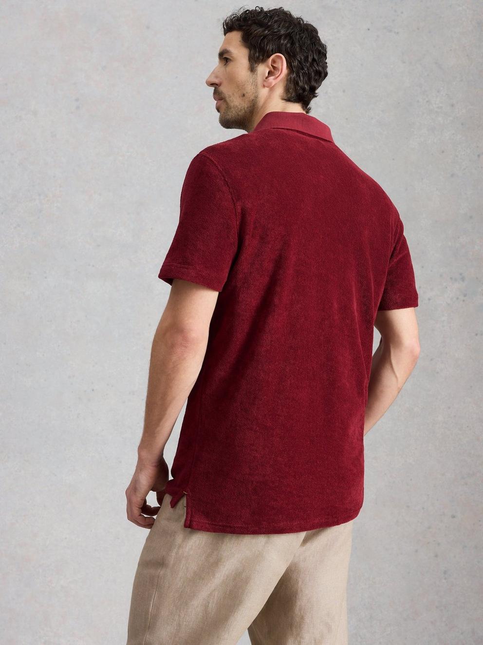 Towelling Polo in MID RED - MODEL BACK