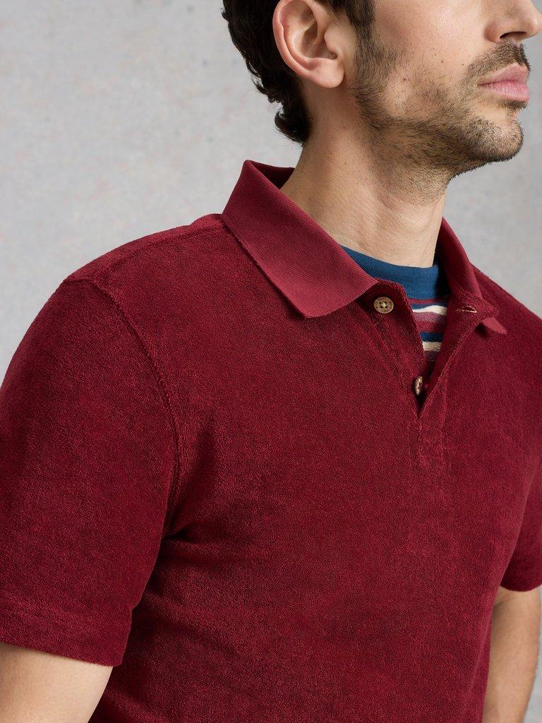 Towelling Polo in MID RED - MODEL DETAIL