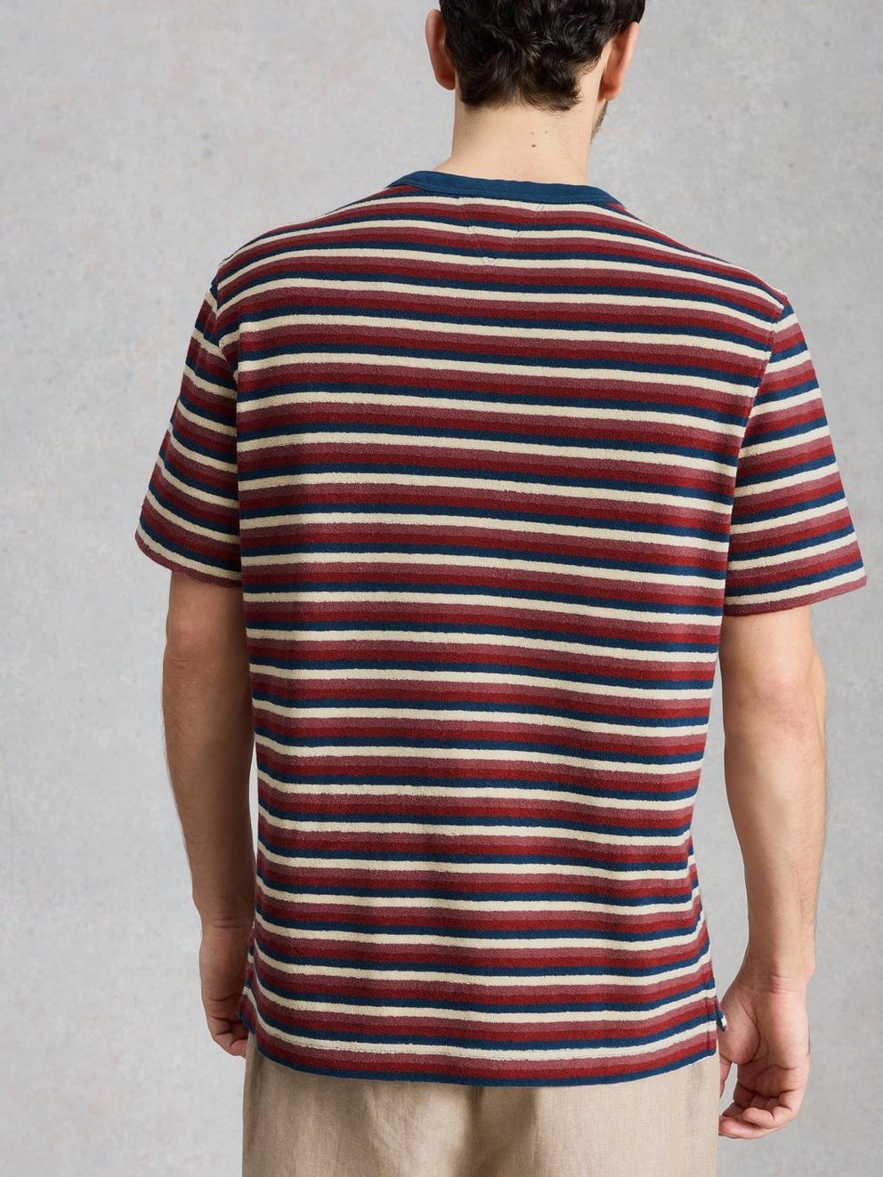 Totten Towelling Stripe Tee in RED MLT - MODEL BACK